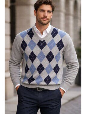 Enzo Mantovani Made In Italy V-Neck Argyle Pullover 100% Cashmere Sweater Size L
